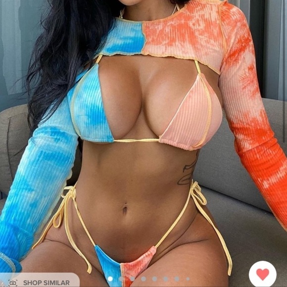 NWT Fashion Nova Alix Earle Hidden Hills Beach Ribbed 3pc Bikini Blue Orange LG - Picture 9 of 16